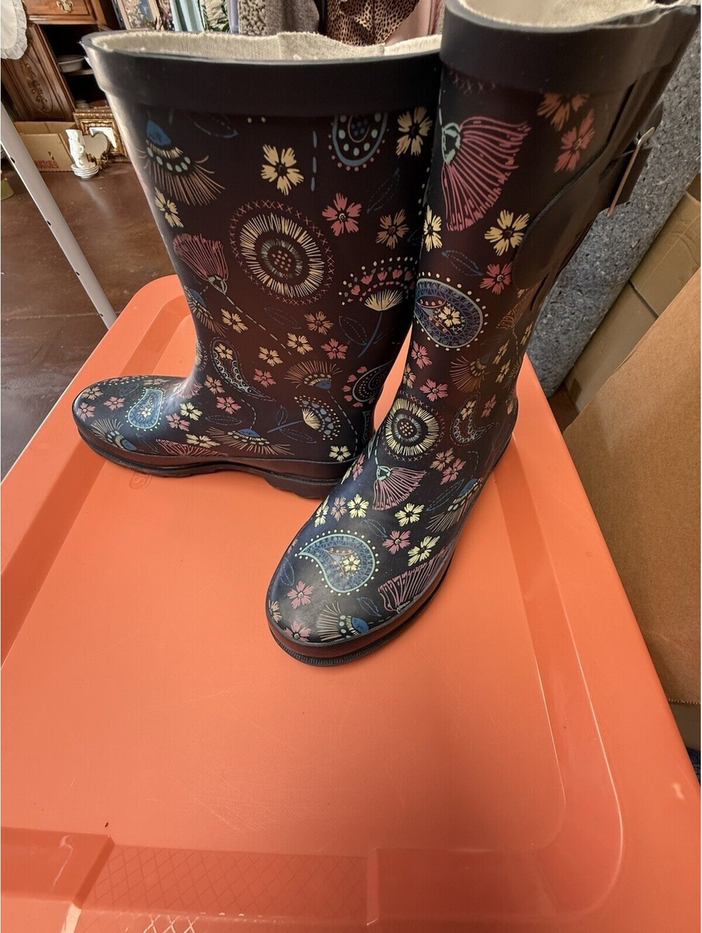 Western Chief Fantastic Paisley Rain Boots Women’s Size 6 Navy Floral Mid Calf